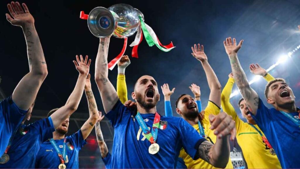 Italian defender Leonardo Bonucci lifts the Euro 2020 trophy