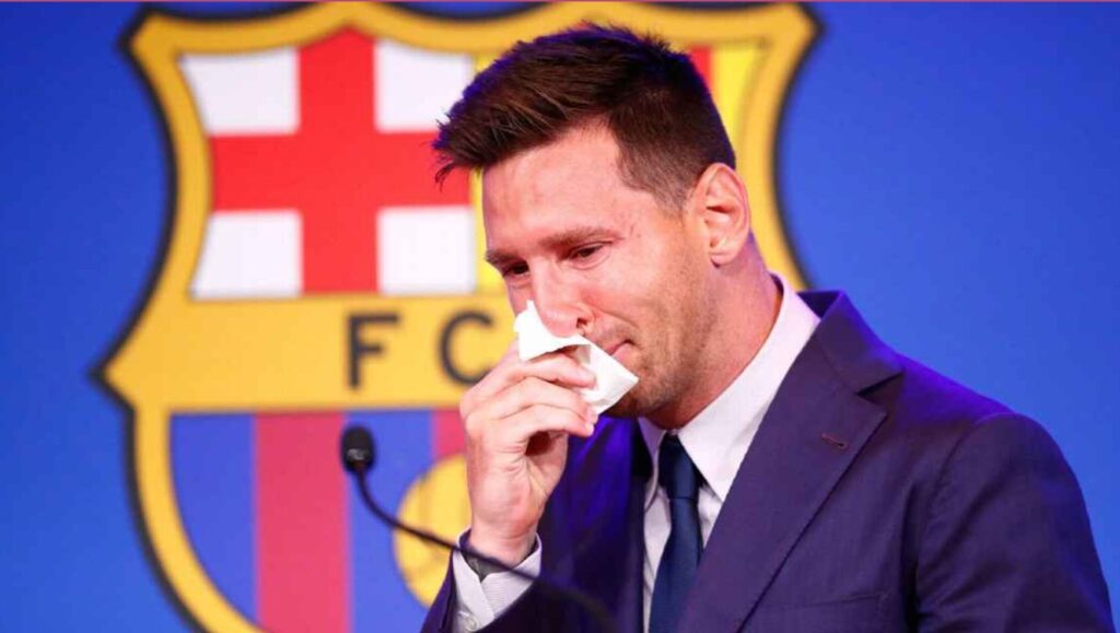 Messi is visibly overcome with emotion during his farewell at Barcelona