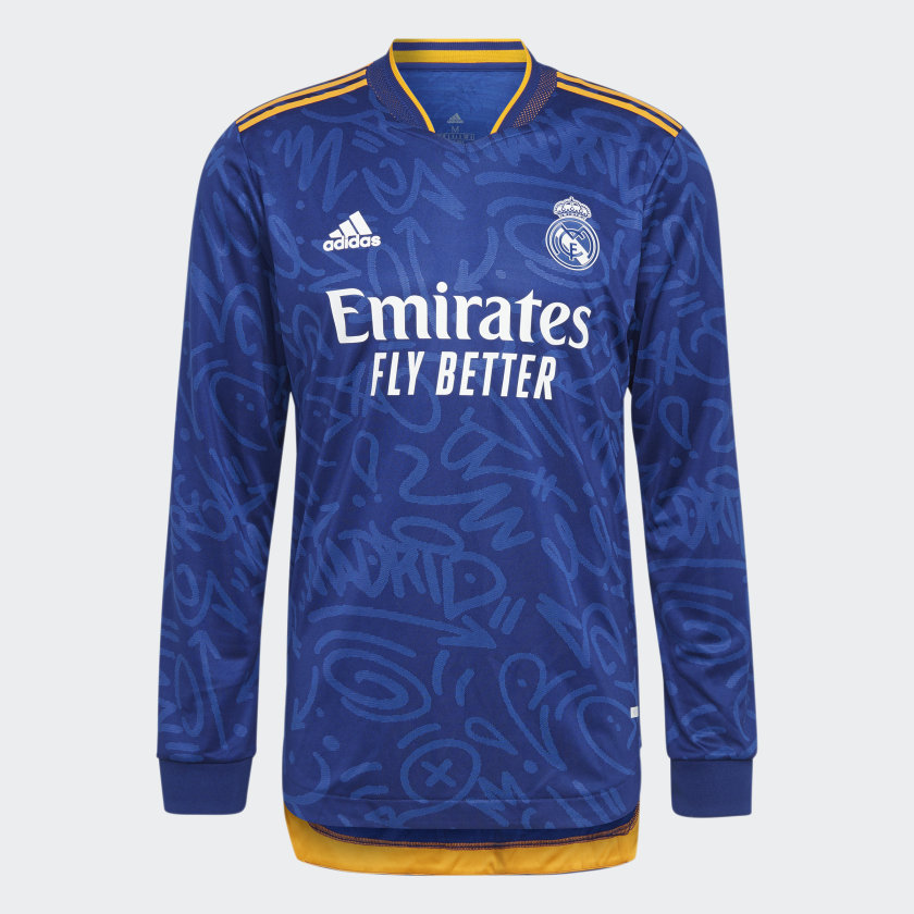 Real Madrid CF Away Authentic Long Sleeve Shirt, Blue Jersey Front