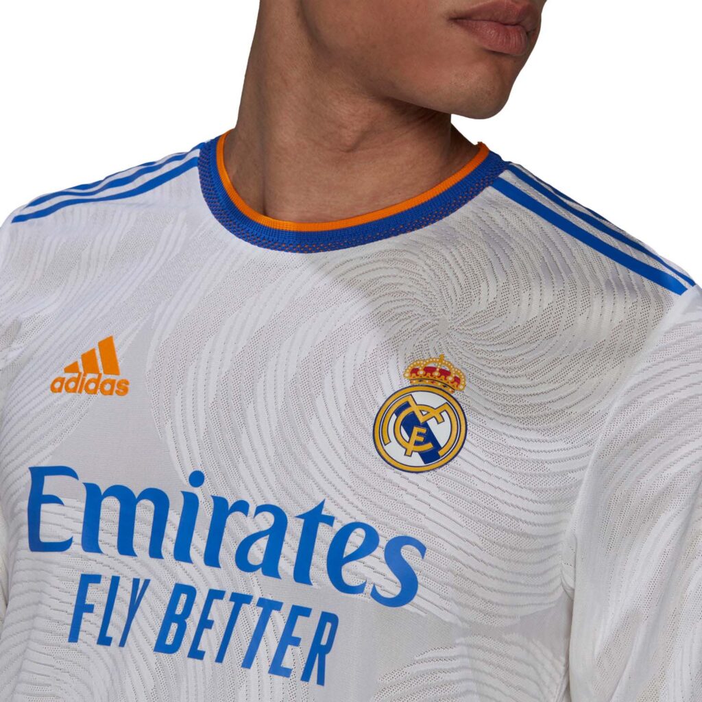Real Madrid CF Home Authentic Long Sleeve Shirt, White Jersey Fornt Logo Side