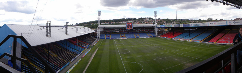 A panorama of Selhurst Park from the Upper Holmesdale, showing from left to right the Main Stand, the Whitehorse Lane End and the Arthur Wait Stand