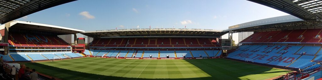 Panorama of Villa Park from Trinity Road Stand, showing, from left to right, the North Stand, the Doug Ellis Stand and the Holte End.