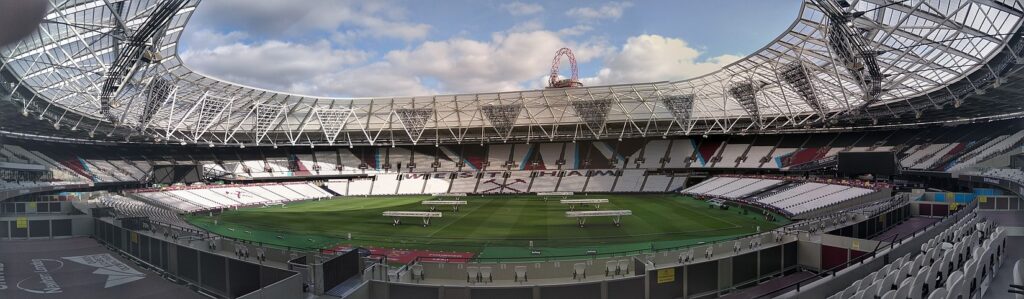 Panoramic view of the interior of the London Olympic Stadium.