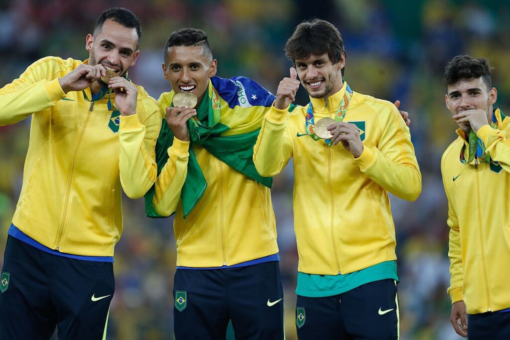 Marquinhos (second from left) celebrating Brazil's gold medal at the 2016 Olympics