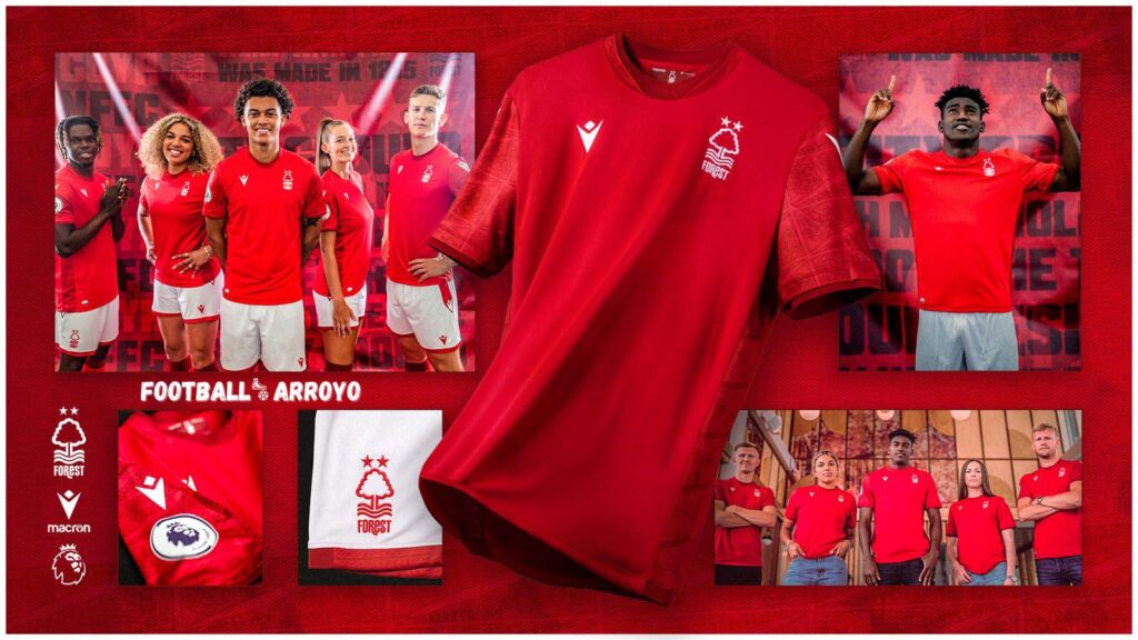 Nottingham Forest 2023/24 Kit, Home, Away and Third Jersey by Macron